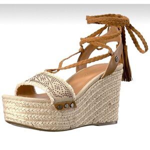 Tommy Hilfiger Women Blue Tan Ankle Tie Espadrille Wedge 8M